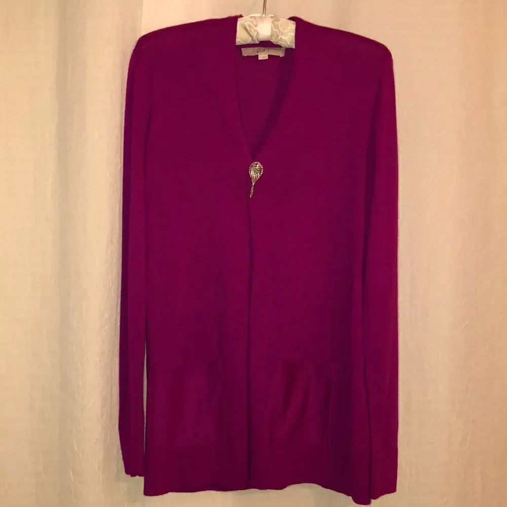 LOFT S Fuchsia Pink Open Front Shawl Neck Knit Cardigan with Pockets
